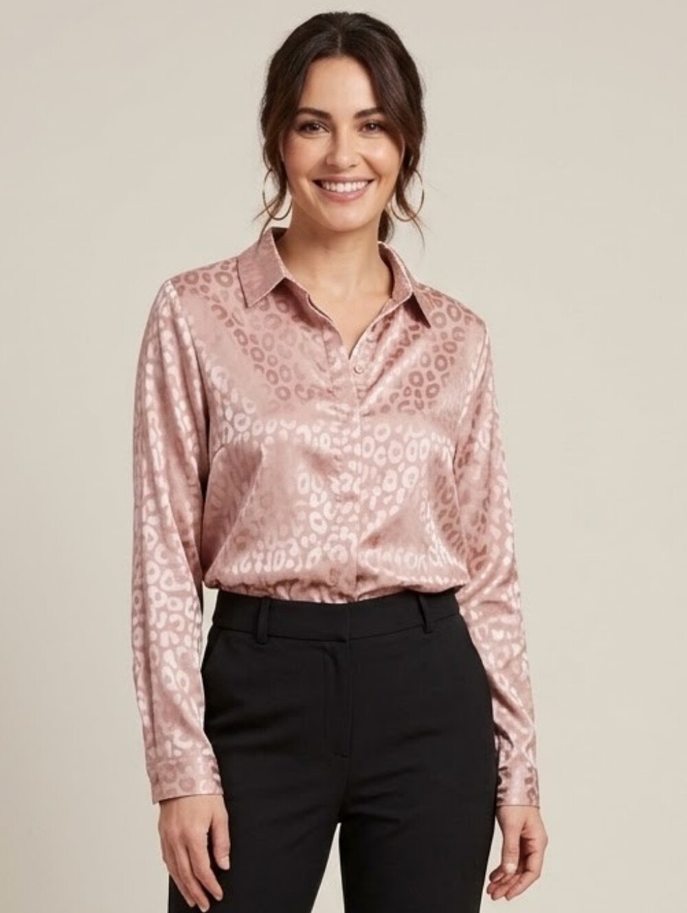 Satin Leopard Print Button-Down Shirt in Blush Pink